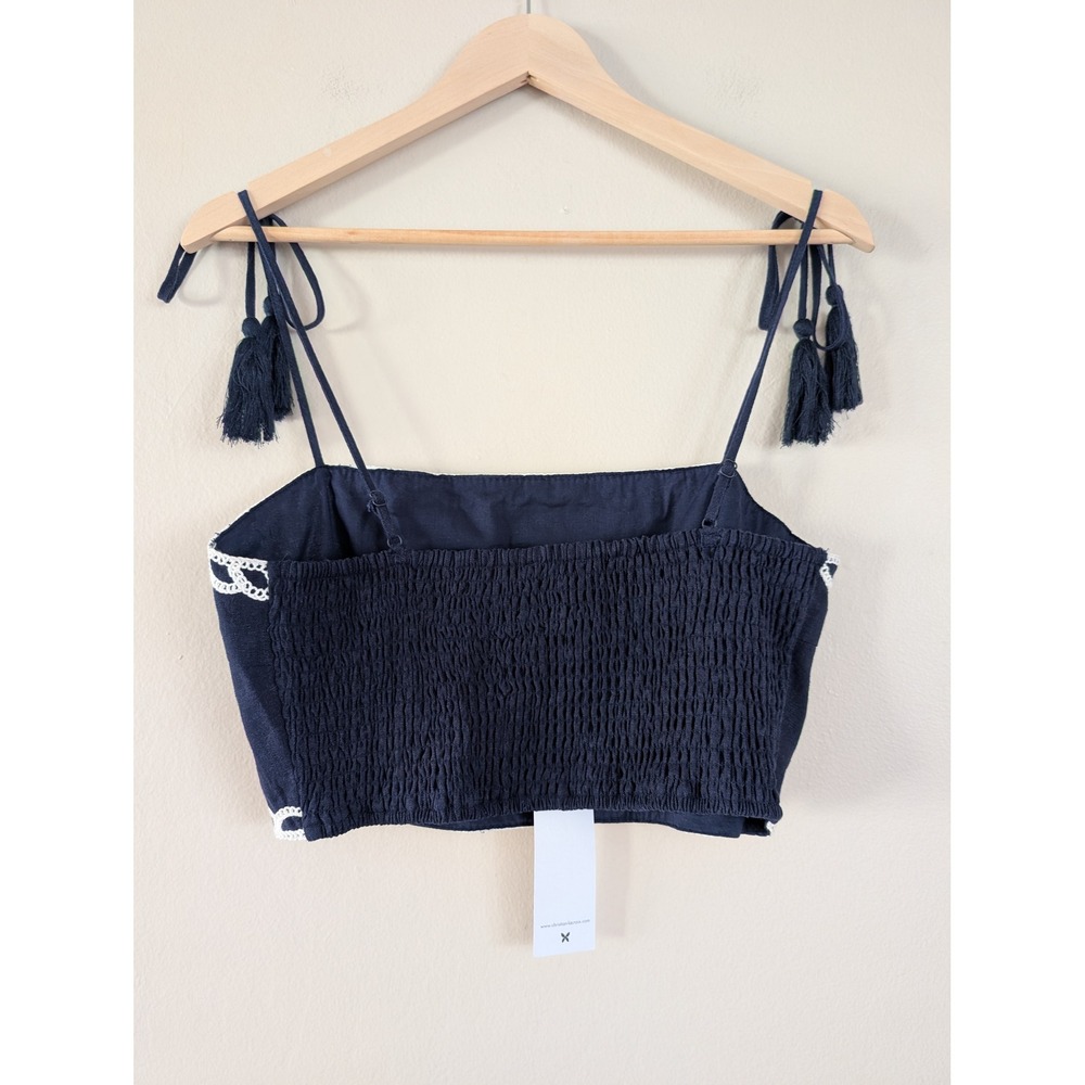 Christian Lacroix Navy Blue Linen Crochet Tassel Tie Crop Top M Festival Summer - Picture 2 of 9